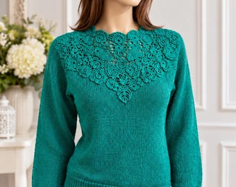 Handgestrickter Damenpullover mit irischer Spitzenapplikation und floralem Muster, langärmeliges Strickoberteil, Herbst-Winter-Pullover