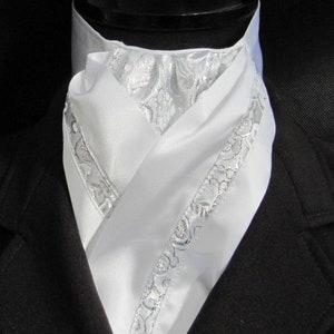 Ready Tied White Faux Silk & Silver Paisley Brocade Riding Stock