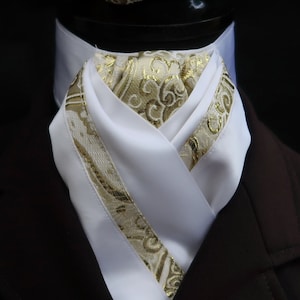 Ready Tied White with Gold and Ivory Brocade detail Riding Stock Scrunchie