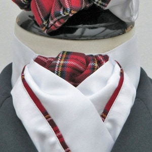 Ready Tie White with Red Tartan Faux Silk Riding Stock + Scrunchie