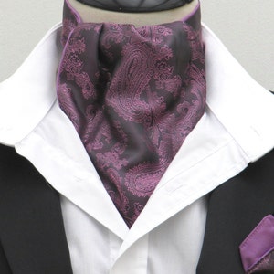 Mens Purple & Lilac Paisley Satin Ascot Cravat + Kerchief