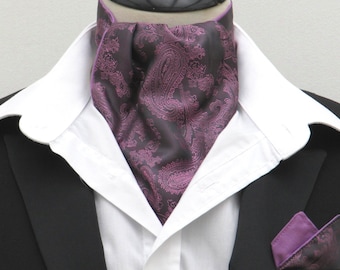 Mens Purple & Lilac Paisley Satin Ascot Cravat + Kerchief