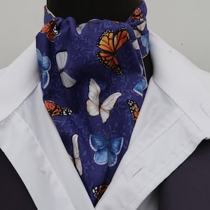 Mens Royal and Navy Multi Coloured Butterflies Design Cotton Ascot Cravat / Pocket Square