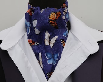 Mens Royal and Navy Multi Coloured Butterflies Design Cotton Ascot Cravat / Pocket Square