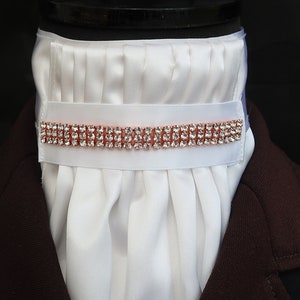 Ready Tied White Faux Silk Bib with Rose Gold Diamantes Detail Riding Stock Scrunchie