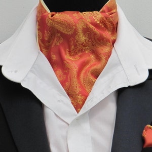 Mens Orange and Gold Paisley Satin Ascot Cravat + Kerchief