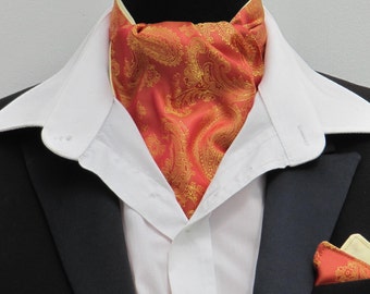 Mens Orange and Gold Paisley Satin Ascot Cravat + Kerchief