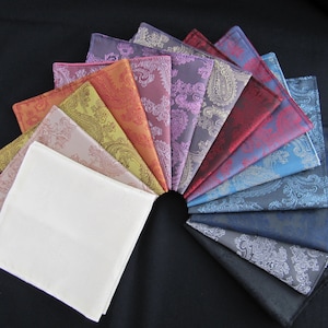 Mens Pocket Square/Handkerchief/Hanky/Kerchief Paisley Shot Satin. White/Cream/Pink/Purple/Red/Blue/Navy/Black