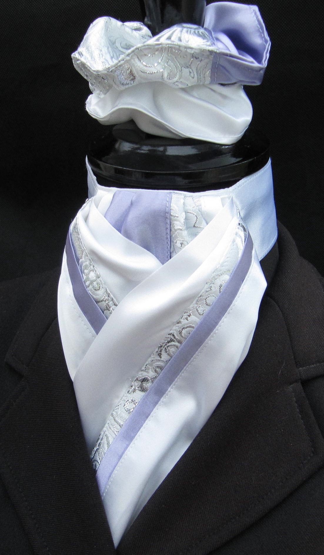 Ready Tied White Lilac Silver Paisley Faux Silk Riding Stock & Scrunchie Ready Tied White Lilac Silver Paisley Faux Silk Riding Stock & Scrunchie