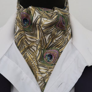 Mens Cream and Gold Peacock Feather Design Cotton Ascot Cravat/Pocket Square