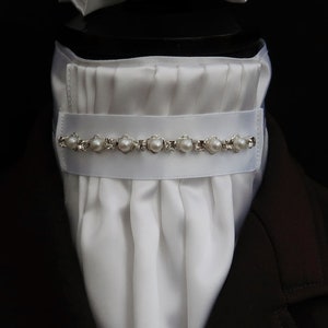 Ready Tied White Faux Silk Bib with pearl and diamantes on Silver metal backing Riding Stock /Scrunchie