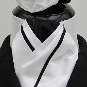 Ready tied White Faux Silk and Black Faux Silk Riding Stock Tie Scrunchie