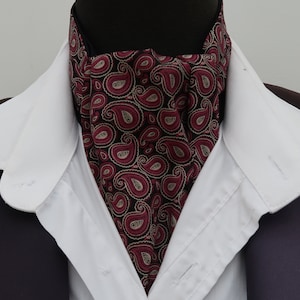 Mens Black Raspberry and Pink Paisley Cotton Ascot Cravat / Pocket Square