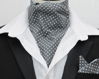 Mens Pewter Grey and White Pin Dot Cotton Ascot Cravat + Kerchief