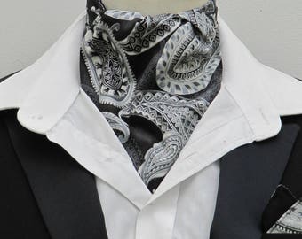 Mens Black, Grey & Silver Large Paisley Cotton Ascot Cravat and Handkerchief/Pocket Square