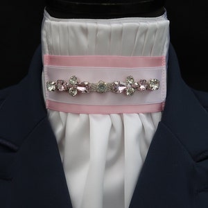 Ready Tied White Satin Bib with Baby Pink Diamante Detail Riding Stock Tie Scrunchie Pocket Square