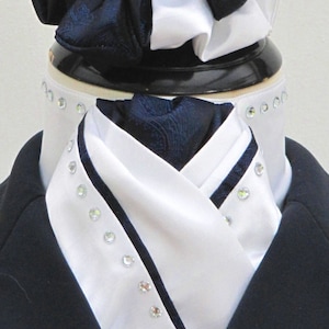 Ready Tie White & Navy Paisley Faux Silk Riding Stock Tie Scrunchie Diamantes