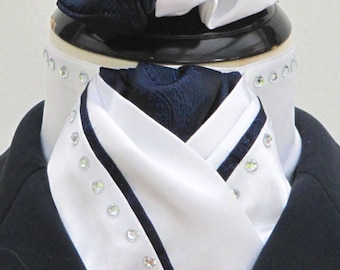 Ready Tie White & Navy Paisley Faux Silk Riding Stock Tie Scrunchie Diamantes