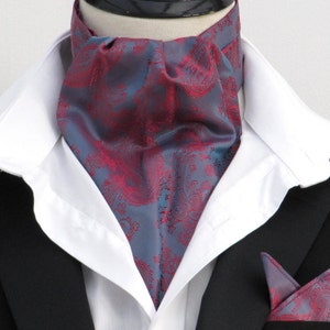 Mens Blue & Burgundy Paisley Shot Satin Ascot Cravat / Pocket Square