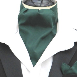Mens Bottle Green Plain 100% Cotton Ascot Cravat + Kerchief