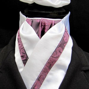 Ready tied Brilliant White with Purple and Lilac Paisley Faux silk Riding Stock/Scrunchie