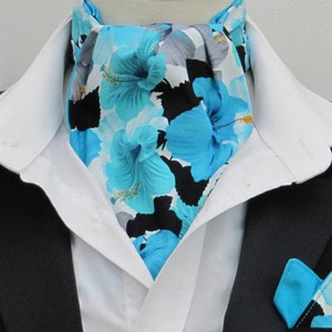 Herren Türkis, Schwarz, Grau Hibiskus Design Baumwolle Ascot Krawatte / Einstecktuch