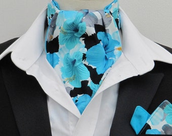 Mens Turquoise, Black, Grey Hibiscus Design Cotton Ascot Cravat + Kerchief