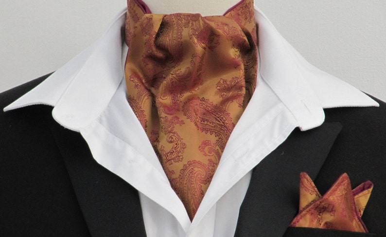 Mens Gold /& Burgundy Paisley Satin Ascot Cravat Kerchief
