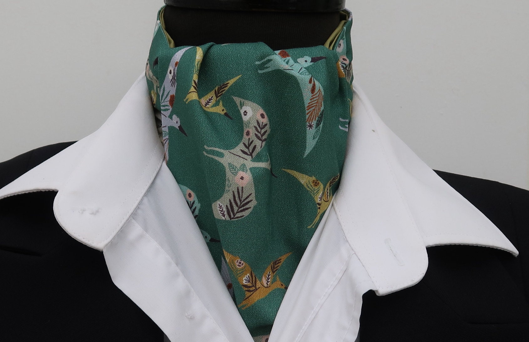 Deep Sage Green with Heron Bird detail Ascot Cravat Pocket Square