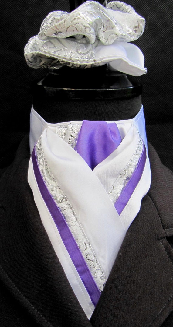 Ready Tied White Lilac Silver Paisley Faux Silk Riding Stock & Scrunchie Ready Tied White Lilac Silver Paisley Faux Silk Riding Stock & Scrunchie