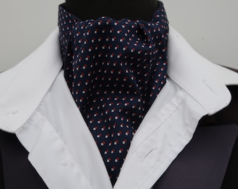 Mens Navy Blue with Red and White Small Squares Geometric Design Cotton Ascot Cravat / Pocket Square