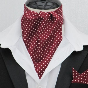 Mens Burgundy and Cream Pin Dot Cotton Ascot Cravat + Kerchief