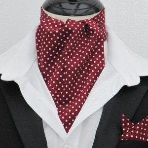 Mens Burgundy and Cream Pin Dot Cotton Ascot Cravat / Pocket Square