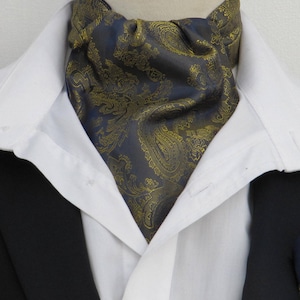 Mens Navy Blue and Gold Shot Paisley Silky Satin Ascot Cravat / Pocket Square