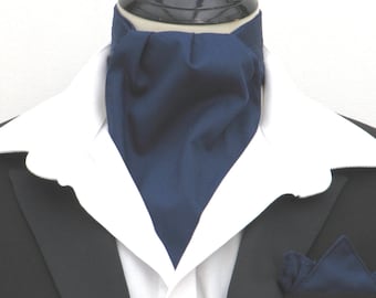 Homme Bleu Marine Unie 100% Coton Ascot Cravat + Kerchief