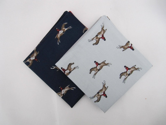 Mens Duo of Racing Horses 100/% Cotton Pocket Square Handkerchief Made in UK