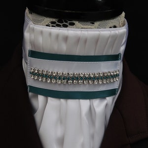 Ready Tied White Satin Bib with Teale and Diamante Detail Riding Stock Scrunchie Pocket Square