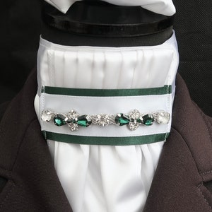 Ready Tied White Faux Silk Bib with Emerald Green and Diamante Detail Riding Stock Scrunchie