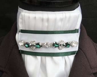 Ready Tied White Faux Silk Bib with Emerald Green and Diamante Detail Riding Stock Scrunchie