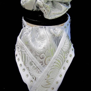 Ready Tied White Faux Silk & Silver Brocade with Diamantes Riding Stock