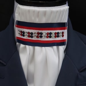 Ready Tied White Satin Bib with Red White Blue Diamante detail Riding Stock Scrunchie pocket Square