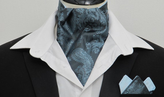 Mens Airforce Blue Shot Paisley Satin Ascot Cravat / pocket square