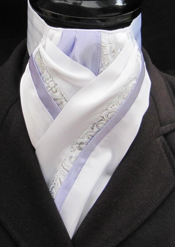 Ready Tied White Lilac Silver Paisley Faux Silk Riding Stock & Scrunchie Ready Tied White Lilac Silver Paisley Faux Silk Riding Stock & Scrunchie