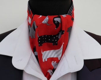 Mens Red and Black Daxi Dogs Cotton Ascot Cravat and Pocket Square