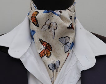 Mens Cream and Multi Coloured Butterflies Cotton Ascot Cravat - Pocket Square