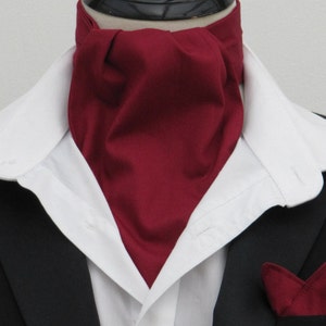 Mens Burgundy Plain 100% Cotton Ascot Cravat / Pocket Square