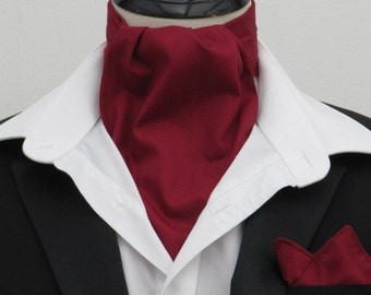 Mens Burgundy Plain 100% Cotton Ascot Cravat + Kerchief