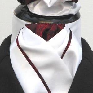 Ready Tied White Faux Silk and  Burgundy Paisley Riding Dressage Stock and Scrunchie