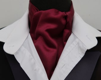 Mens Rich Burgundy Faux Silk Satin Ascot Cravat / Pocket square