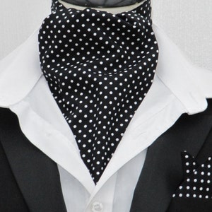 Mens Black and White Pin Dot Cotton Ascot Cravat / Pocket Square
